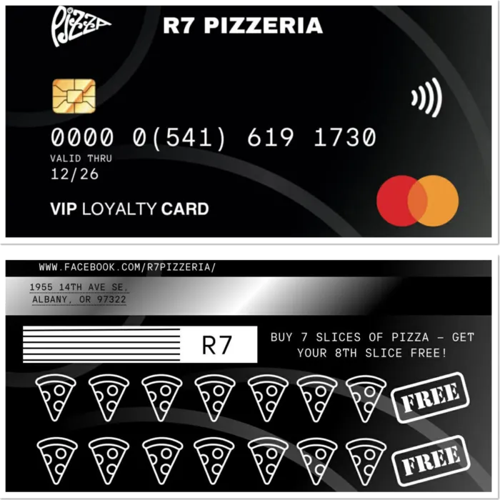 The black R7 Pizzeria VIP loyalty card with seven slice punches and a free eighth slice